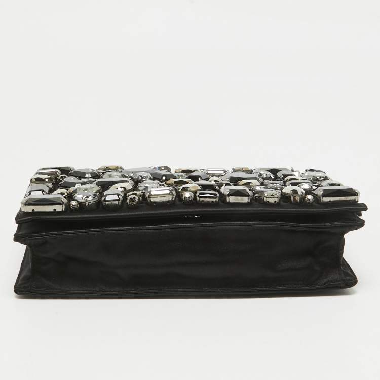 Pre Owned Prada Black Satin Crystals Embellished Flap Clutch Bag