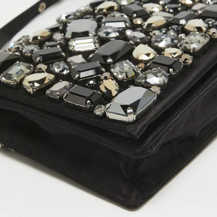 Pre Owned Prada Black Satin Crystals Embellished Flap Clutch Bag