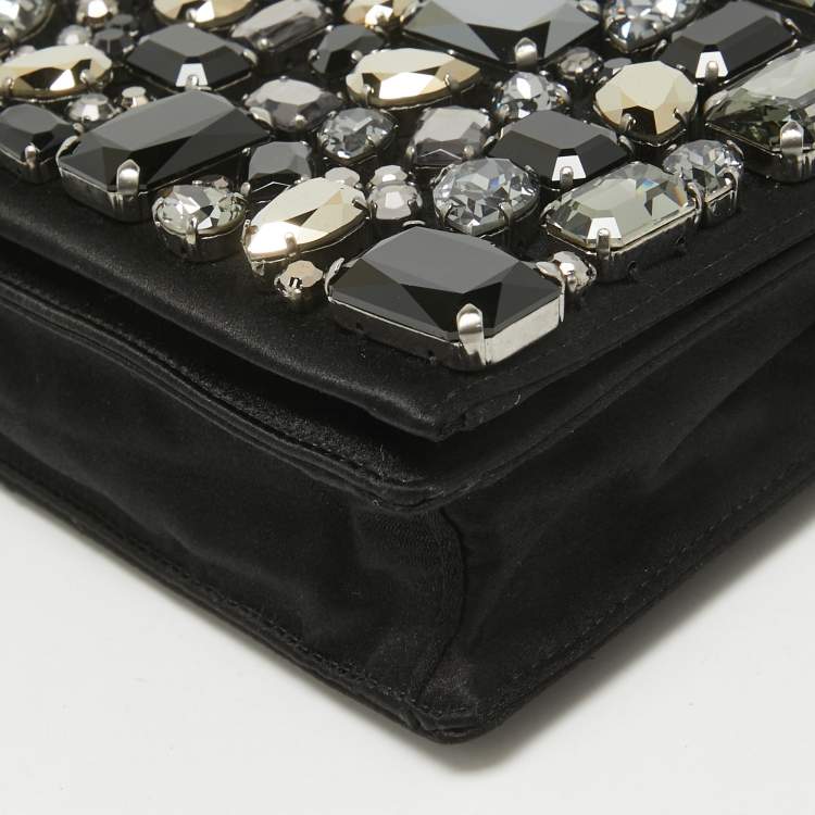 Pre Owned Prada Black Satin Crystals Embellished Flap Clutch Bag