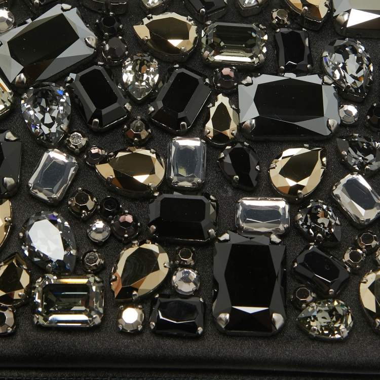 Pre Owned Prada Black Satin Crystals Embellished Flap Clutch Bag