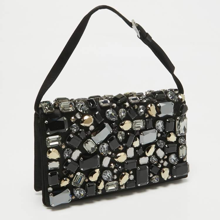 Pre Owned Prada Black Satin Crystals Embellished Flap Clutch Bag