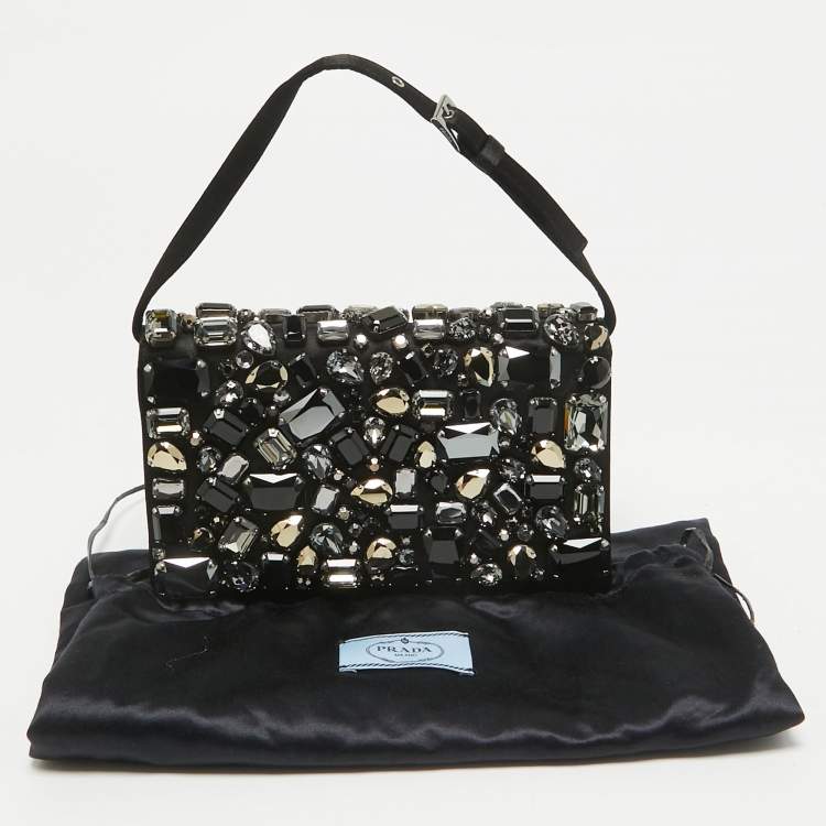 Pre Owned Prada Black Satin Crystals Embellished Flap Clutch Bag