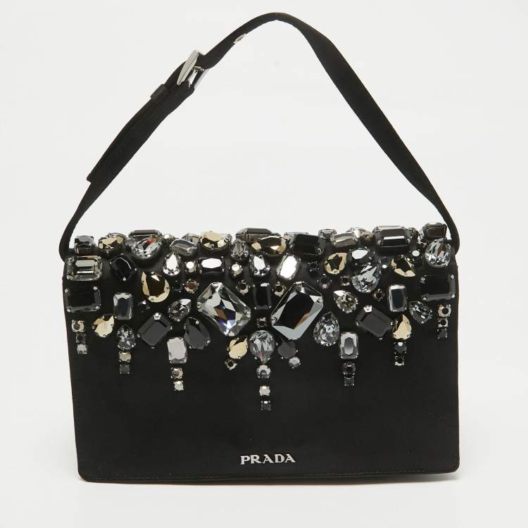 Pre Owned Prada Black Satin Crystals Embellished Flap Clutch Bag