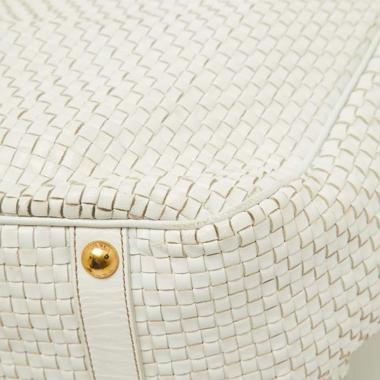 Pre Owned Prada White Woven Leather Madras Frame Satchel