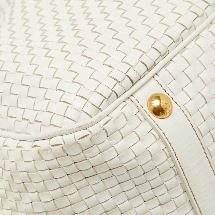 Pre Owned Prada White Woven Leather Madras Frame Satchel