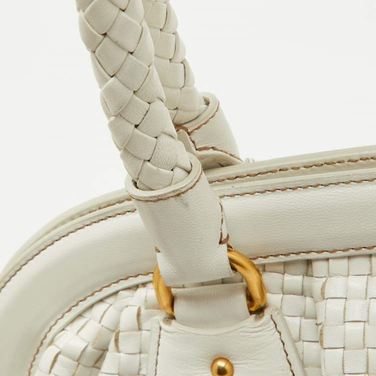 Pre Owned Prada White Woven Leather Madras Frame Satchel
