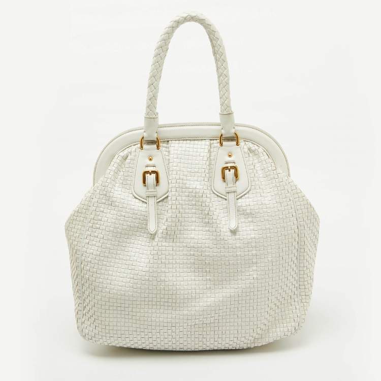 Pre Owned Prada White Woven Leather Madras Frame Satchel