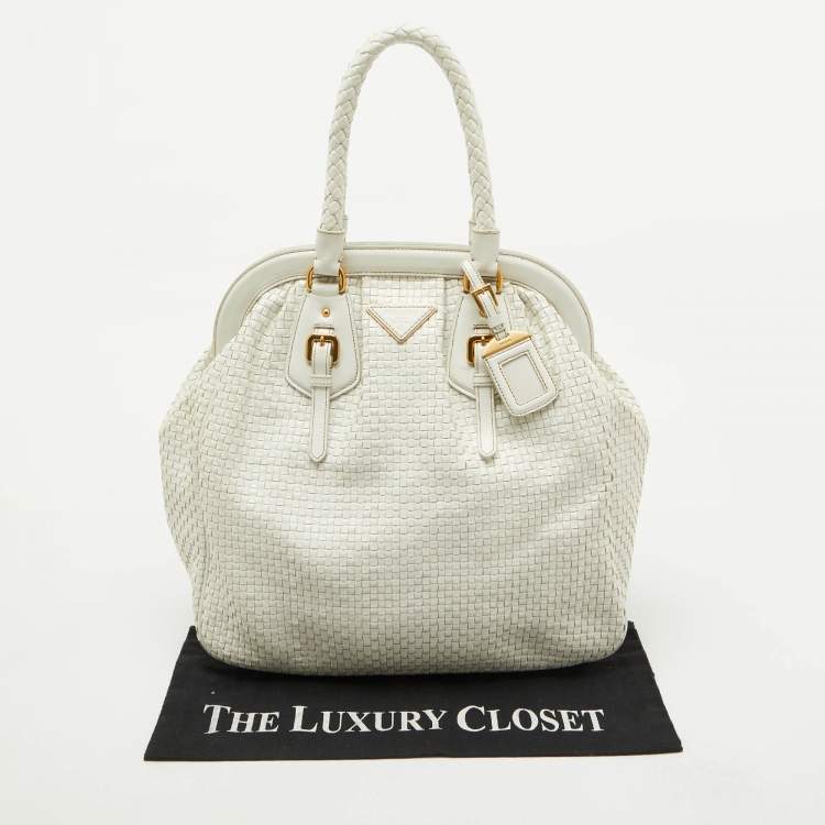 Pre Owned Prada White Woven Leather Madras Frame Satchel