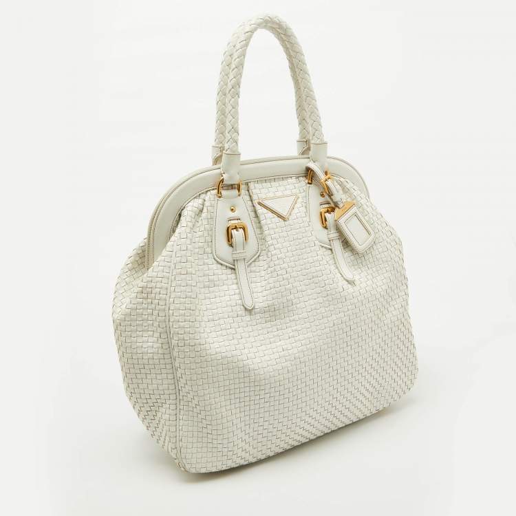 Pre Owned Prada White Woven Leather Madras Frame Satchel