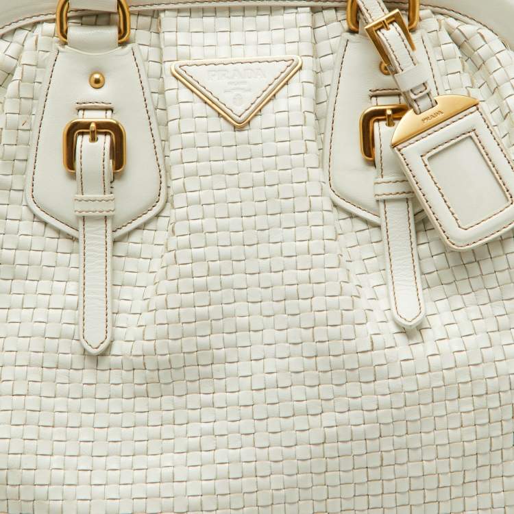 Pre Owned Prada White Woven Leather Madras Frame Satchel