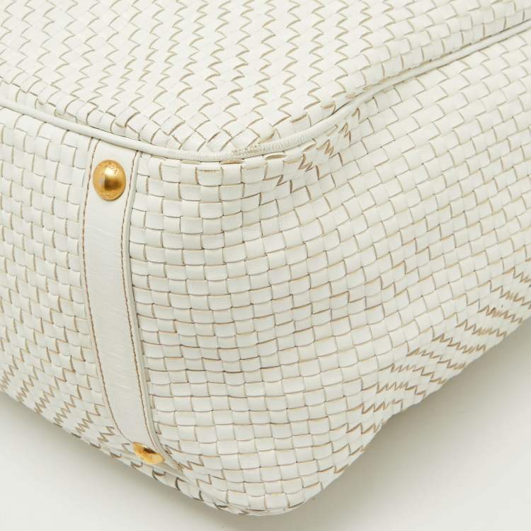 Pre Owned Prada White Woven Leather Madras Frame Satchel