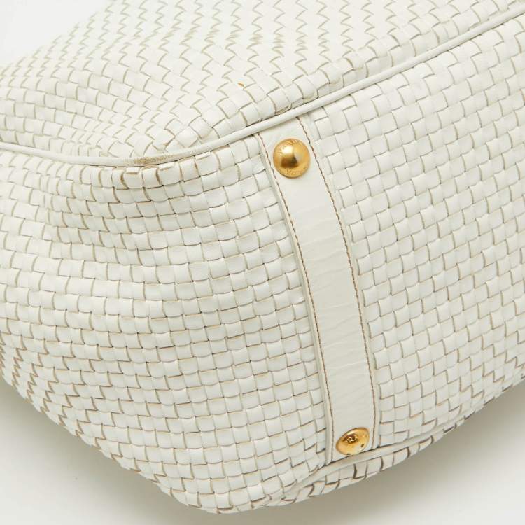 Pre Owned Prada White Woven Leather Madras Frame Satchel
