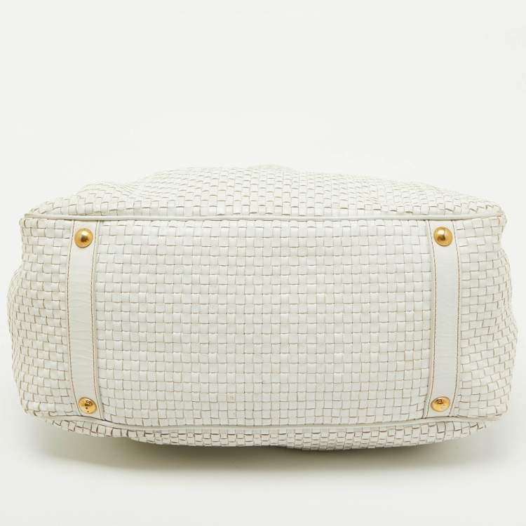 Pre Owned Prada White Woven Leather Madras Frame Satchel