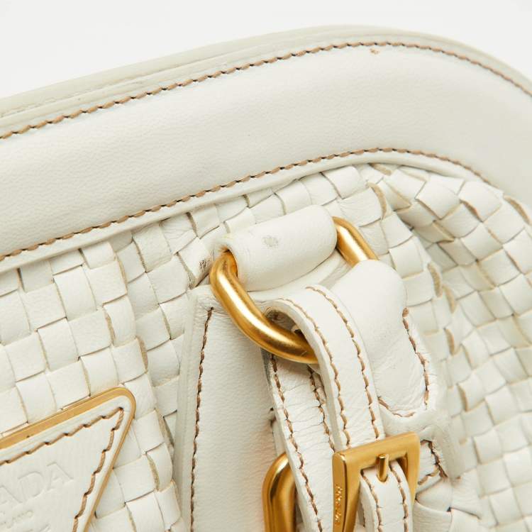 Pre Owned Prada White Woven Leather Madras Frame Satchel