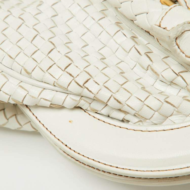 Pre Owned Prada White Woven Leather Madras Frame Satchel