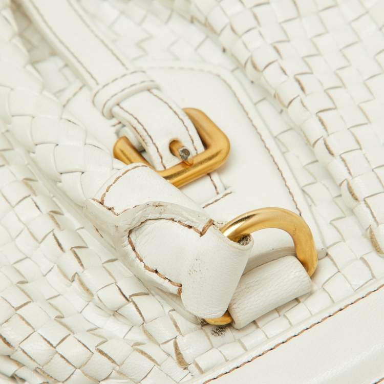 Pre Owned Prada White Woven Leather Madras Frame Satchel