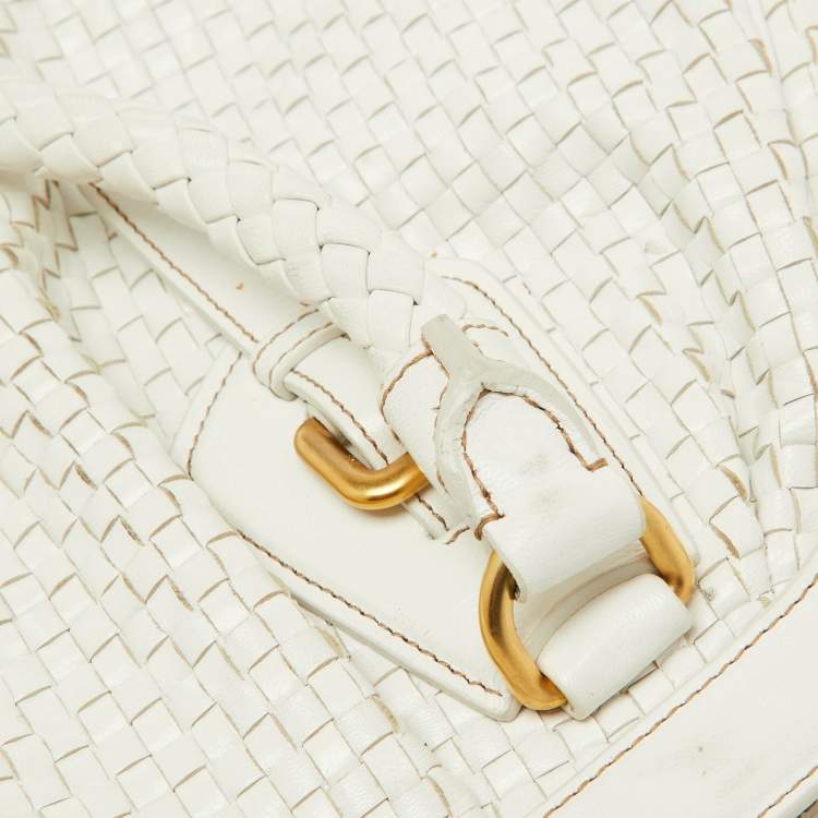 Pre Owned Prada White Woven Leather Madras Frame Satchel