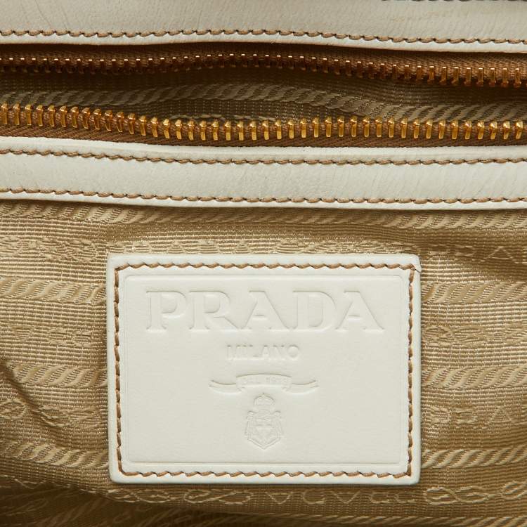Pre Owned Prada White Woven Leather Madras Frame Satchel