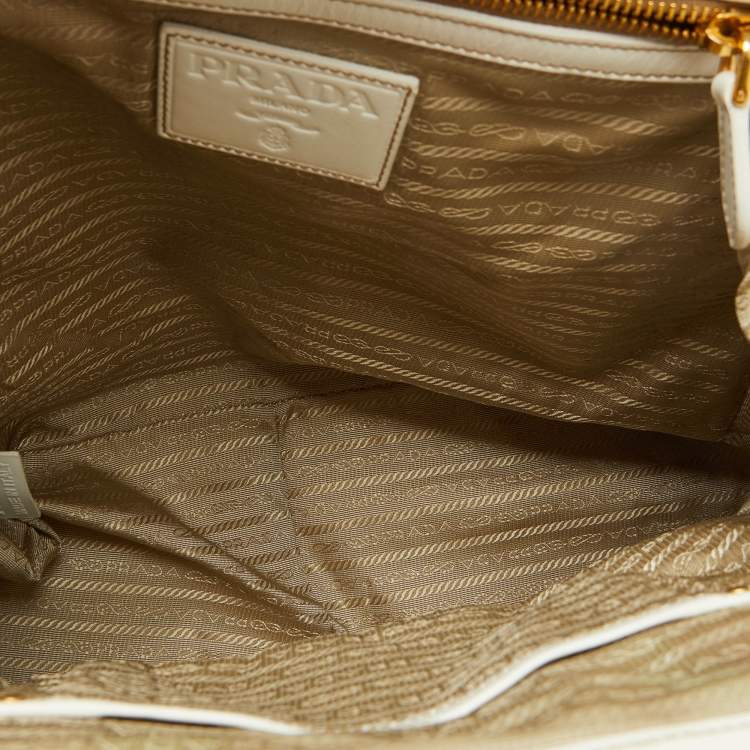 Pre Owned Prada White Woven Leather Madras Frame Satchel