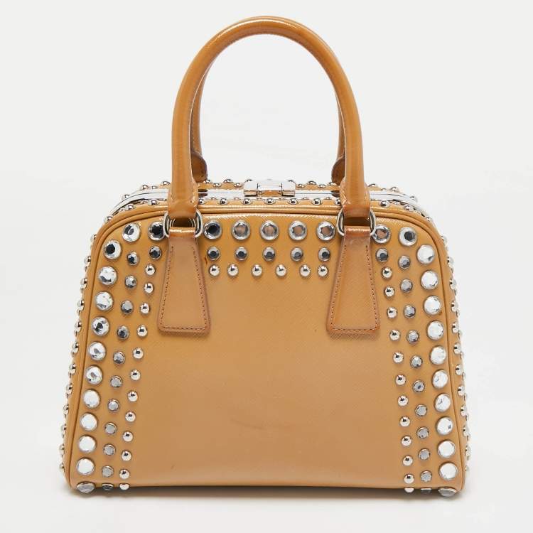 Pre Owned Prada Tan Saffiano Patent Leather Small Studded Pyramid Frame Bag