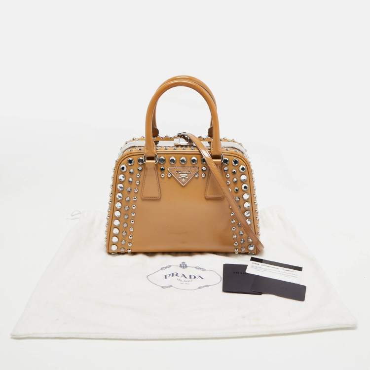 Pre Owned Prada Tan Saffiano Patent Leather Small Studded Pyramid Frame Bag