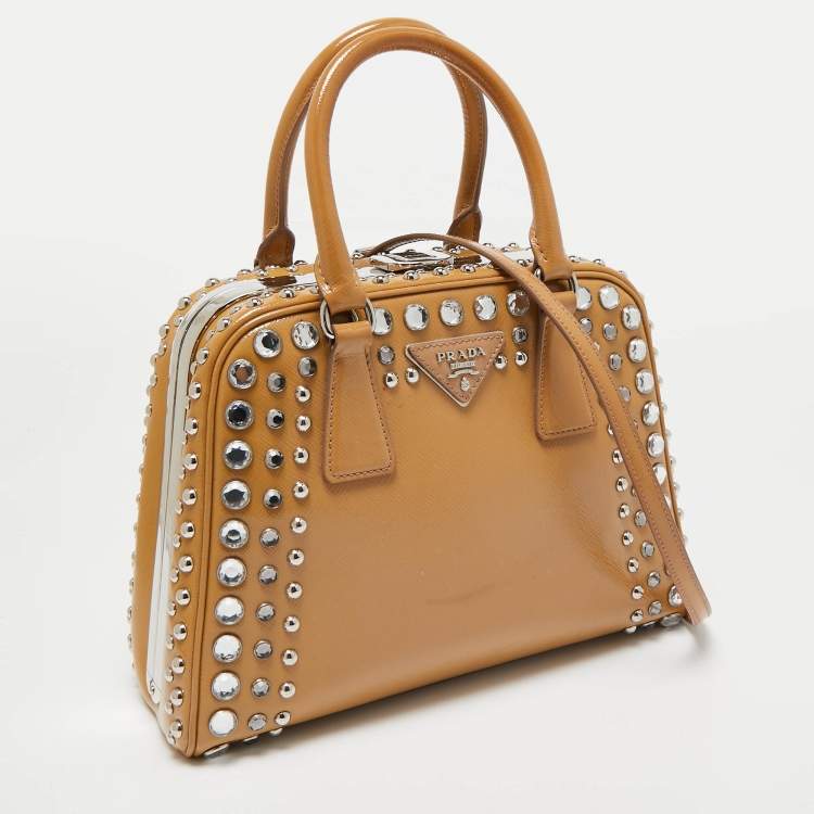 Pre Owned Prada Tan Saffiano Patent Leather Small Studded Pyramid Frame Bag
