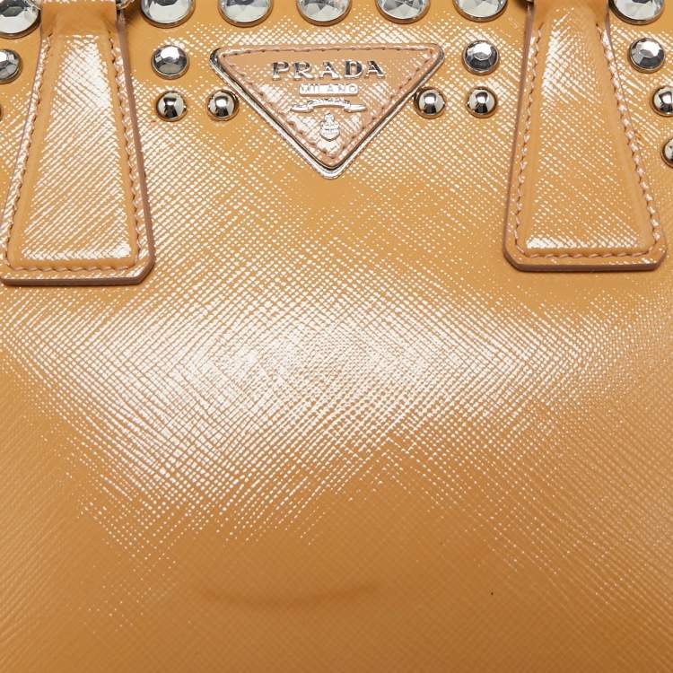 Pre Owned Prada Tan Saffiano Patent Leather Small Studded Pyramid Frame Bag