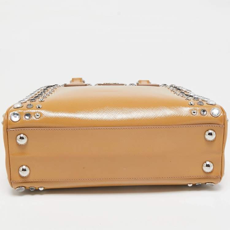 Pre Owned Prada Tan Saffiano Patent Leather Small Studded Pyramid Frame Bag