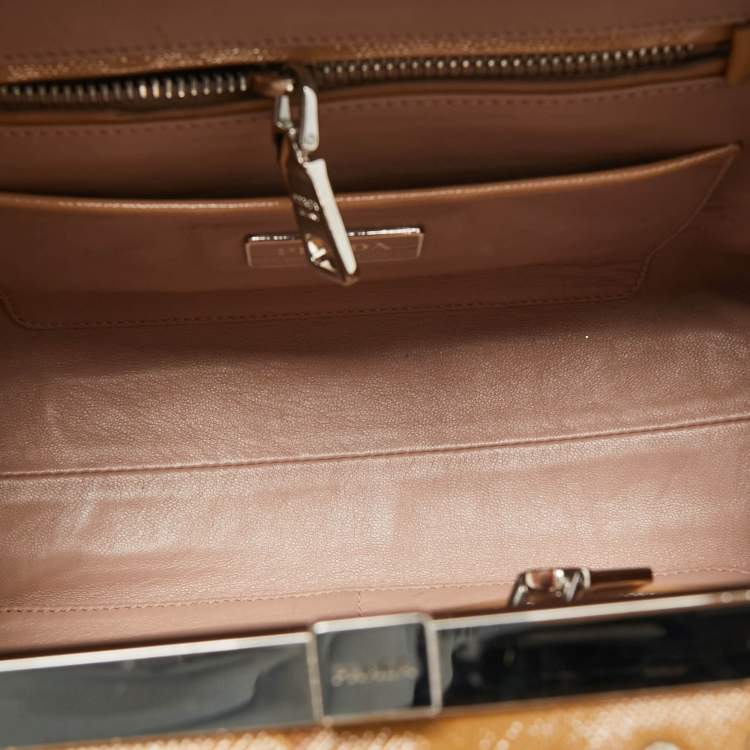 Pre Owned Prada Tan Saffiano Patent Leather Small Studded Pyramid Frame Bag