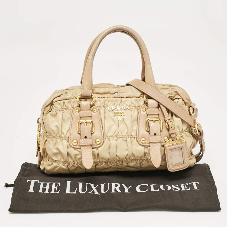 Pre Owned Prada Beige Gaufre Leather and Nylon Zip Satchel