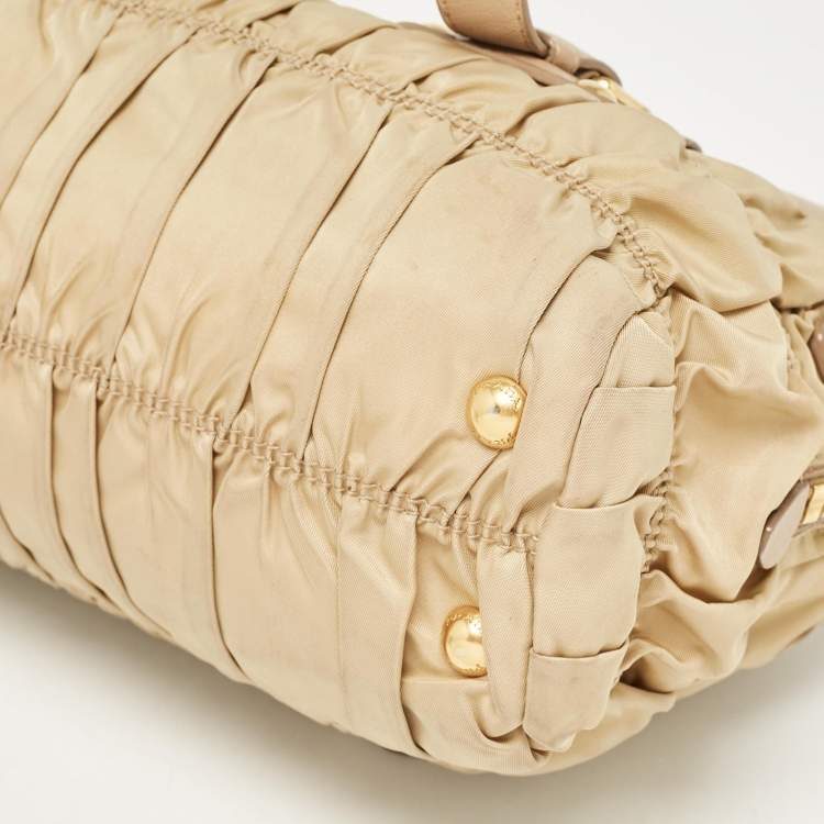 Pre Owned Prada Beige Gaufre Leather and Nylon Zip Satchel