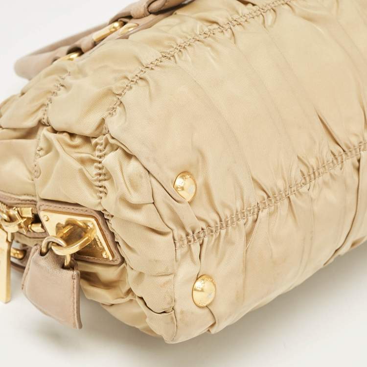 Pre Owned Prada Beige Gaufre Leather and Nylon Zip Satchel