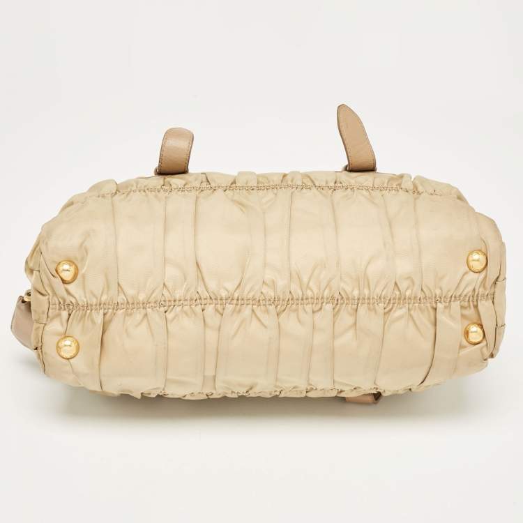 Pre Owned Prada Beige Gaufre Leather and Nylon Zip Satchel