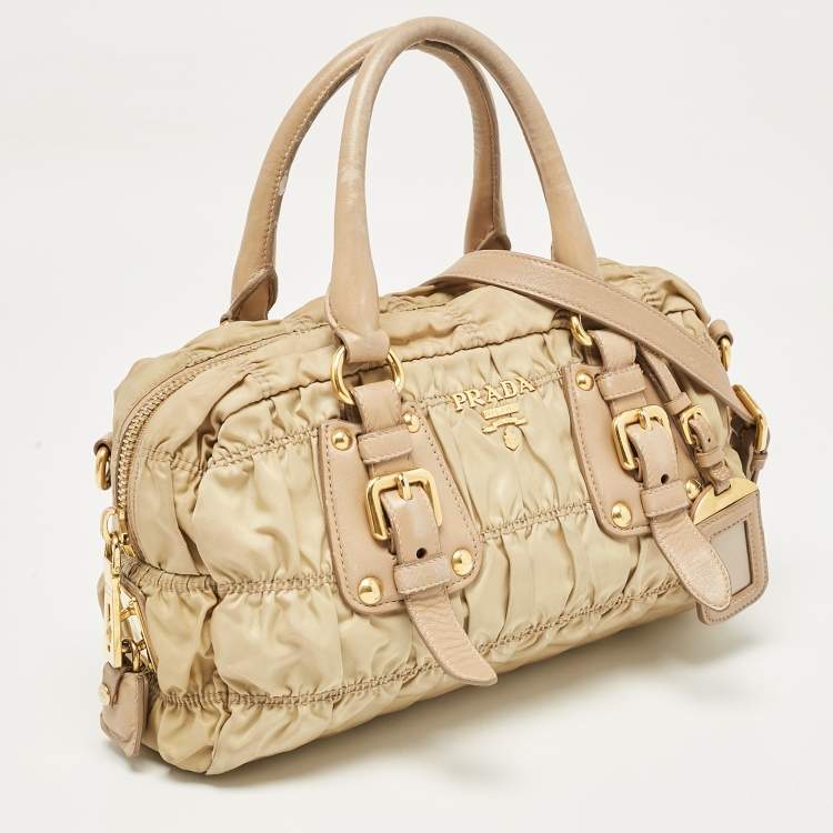 Pre Owned Prada Beige Gaufre Leather and Nylon Zip Satchel