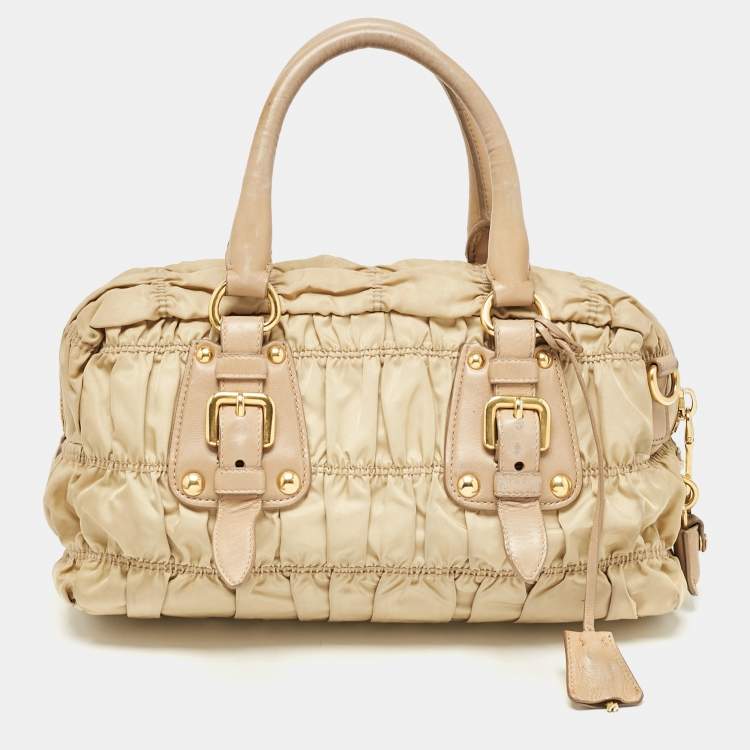 Pre Owned Prada Beige Gaufre Leather and Nylon Zip Satchel