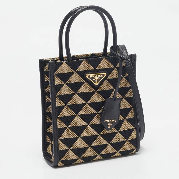 Pre Owned Prada Black/Cream Jacquard Fabric Symbole Embroidered Mini Tote