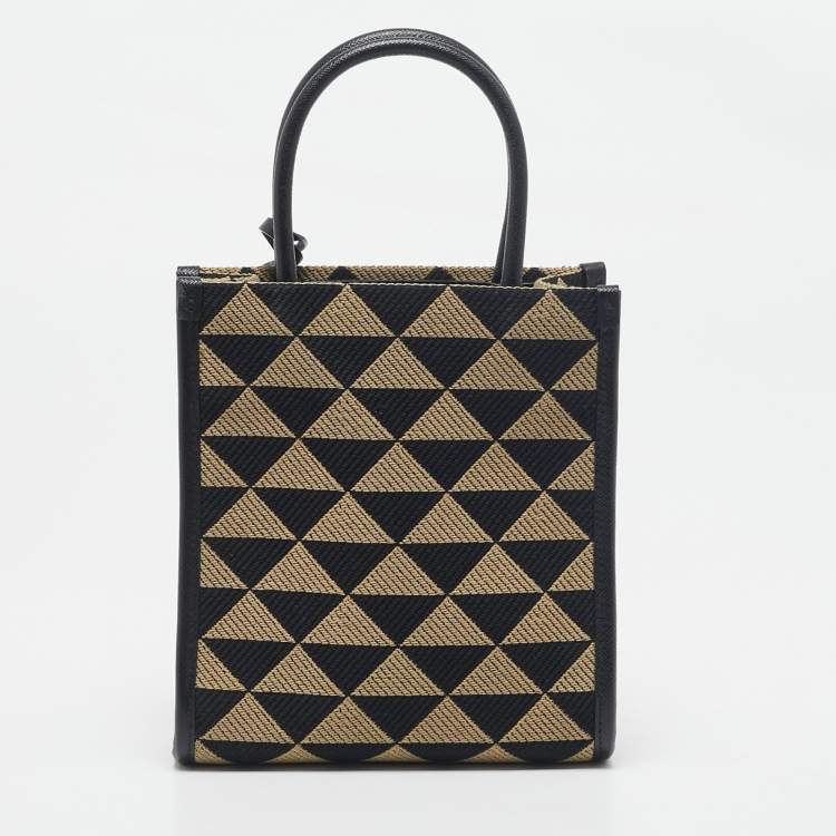 Pre Owned Prada Black/Cream Jacquard Fabric Symbole Embroidered Mini Tote