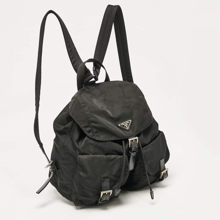 Pre Owned Prada Black Leather and Nylon Double Pocket Backpack