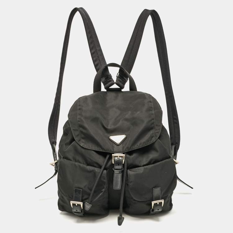 Pre Owned Prada Black Leather and Nylon Double Pocket Backpack