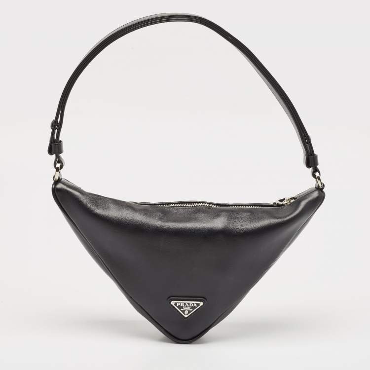 Pre Owned Prada Black Leather Triangle Logo Shoulder Bag