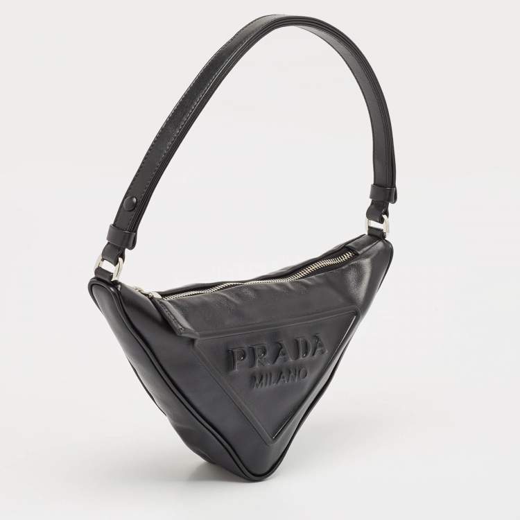 Pre Owned Prada Black Leather Triangle Logo Shoulder Bag