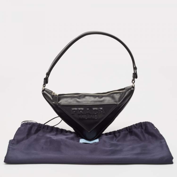 Pre Owned Prada Black Leather Triangle Logo Shoulder Bag