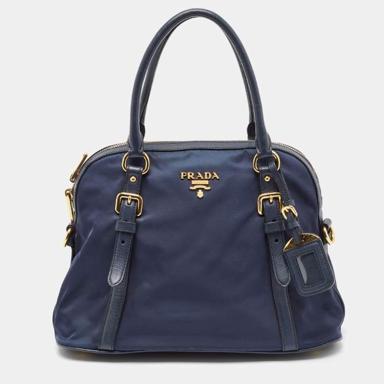 Pre Owned Prada Blue Nylon And Leather Zip Dome Satchel