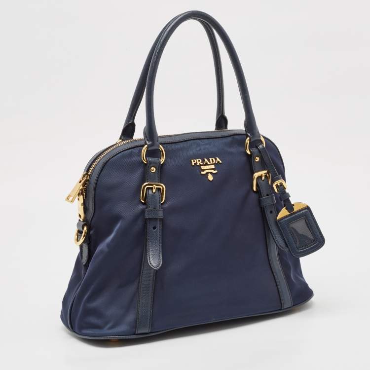 Pre Owned Prada Blue Nylon And Leather Zip Dome Satchel