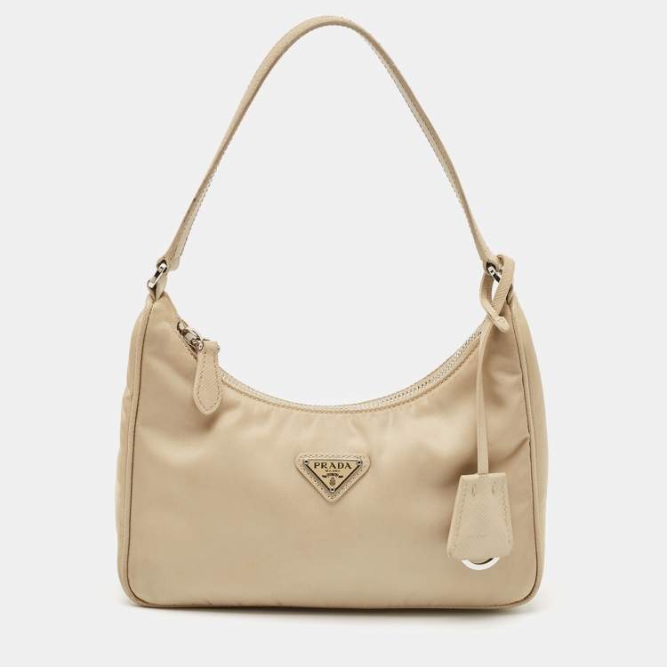 Pre Owned Prada Cream Nylon and Leather Re-Edition 2005 Bag