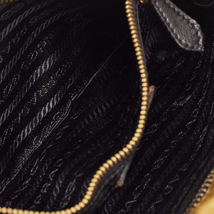 Pre Owned Prada Gold/Black Striped Leather Flat Zip Crossbody Bag