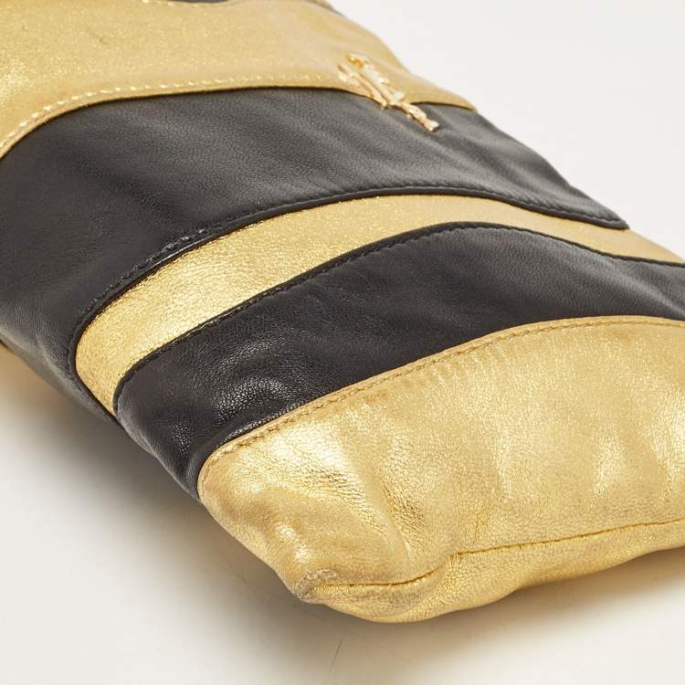 Pre Owned Prada Gold/Black Striped Leather Flat Zip Crossbody Bag