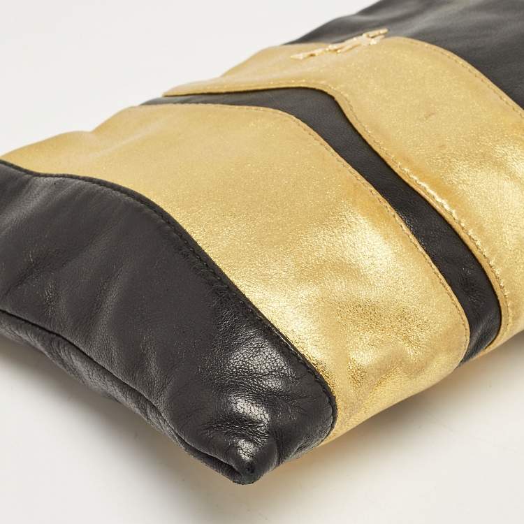 Pre Owned Prada Gold/Black Striped Leather Flat Zip Crossbody Bag