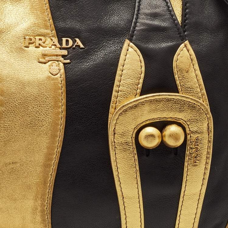 Pre Owned Prada Gold/Black Striped Leather Flat Zip Crossbody Bag