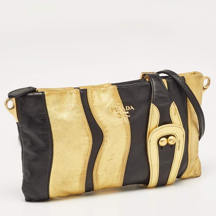 Pre Owned Prada Gold/Black Striped Leather Flat Zip Crossbody Bag